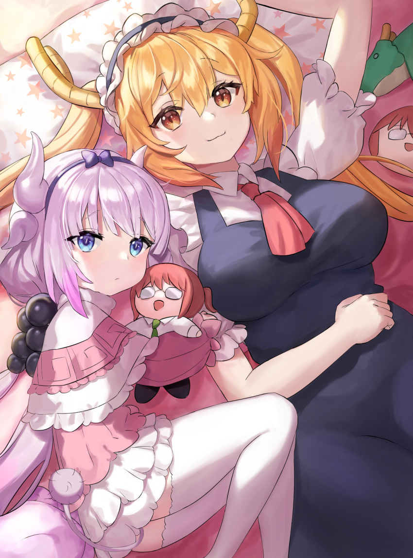 2girls, :/, :3, absurdres, apron, beads, blonde_hair, blue_apron