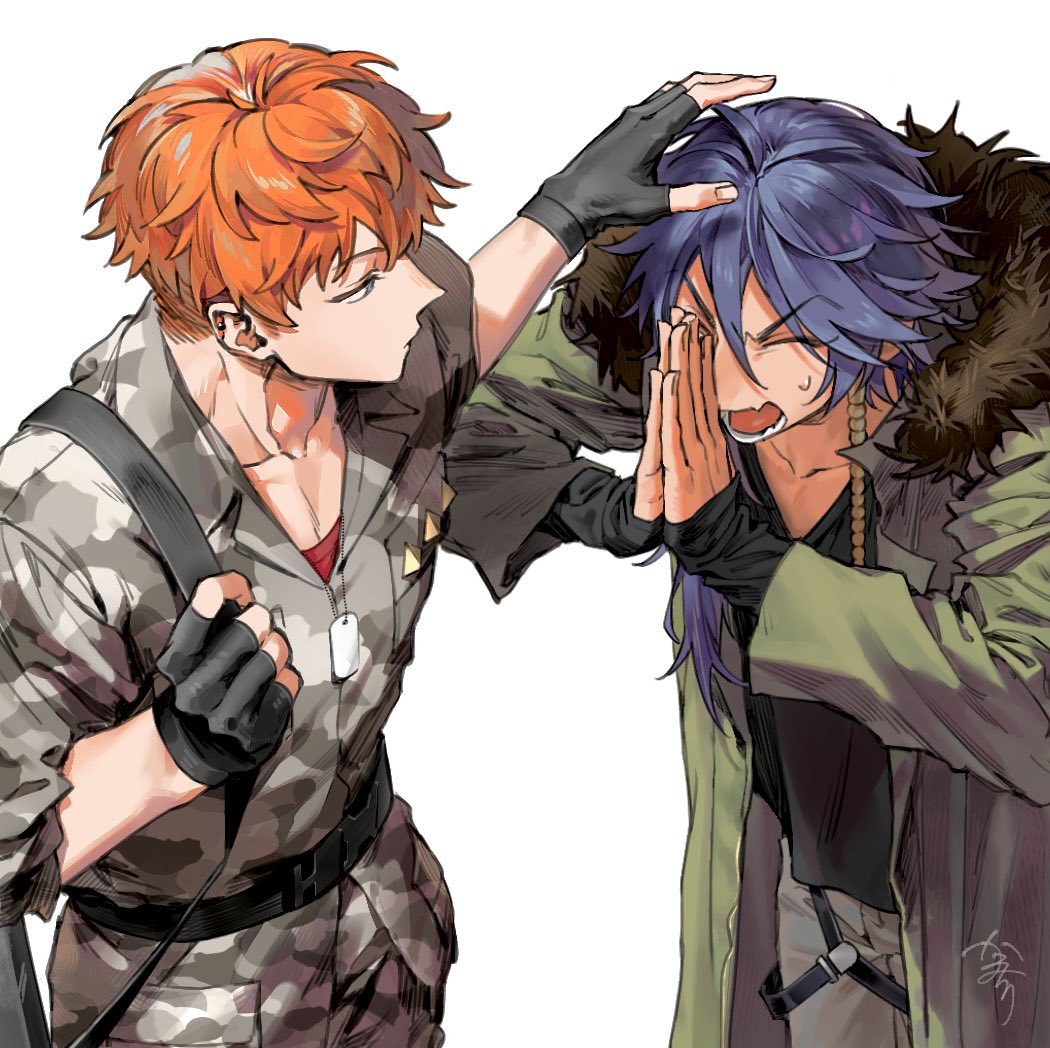 2boys, apologizing, arisugawa_dice, bag, belt, black_belt, black_gloves, black_shirt