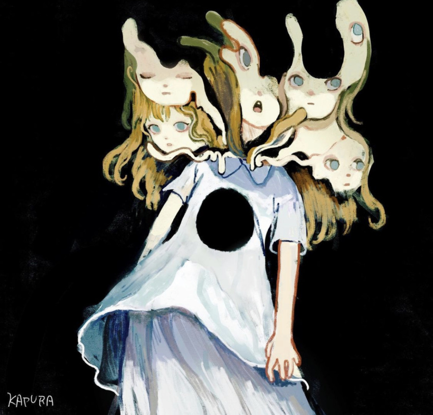 1girl, abstract, artist_name, black_background, blonde_hair, blue_dress, blue_eyes, child, closed_eyes, commentary, dress, empty_eyes, english_commentary, faux_traditional_media, hole, hole_in_chest, hole_on_body, horror_(theme), kapura, original, surreal, symbolism