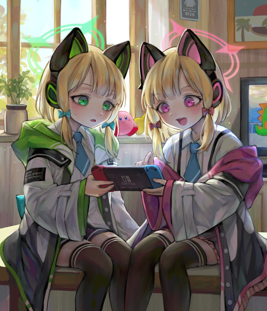 2girls, absurdres, animal_ear_headphones, animal_ears, black_socks, blonde_hair, blue_archive, blue_necktie
