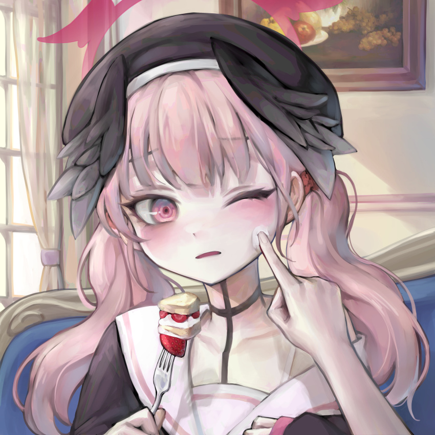 1girl, 1other, absurdres, beret, black_hat, black_wings, blue_archive, blush