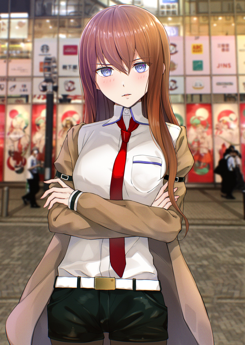 1girl, belt, black_pantyhose, black_shorts, blue_eyes, blurry, blurry_background, blush