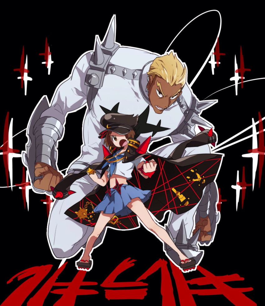 1boy, 1girl, blonde_hair, blue_neckerchief, blue_sailor_collar, blue_skirt, bob_cut, brown_eyes