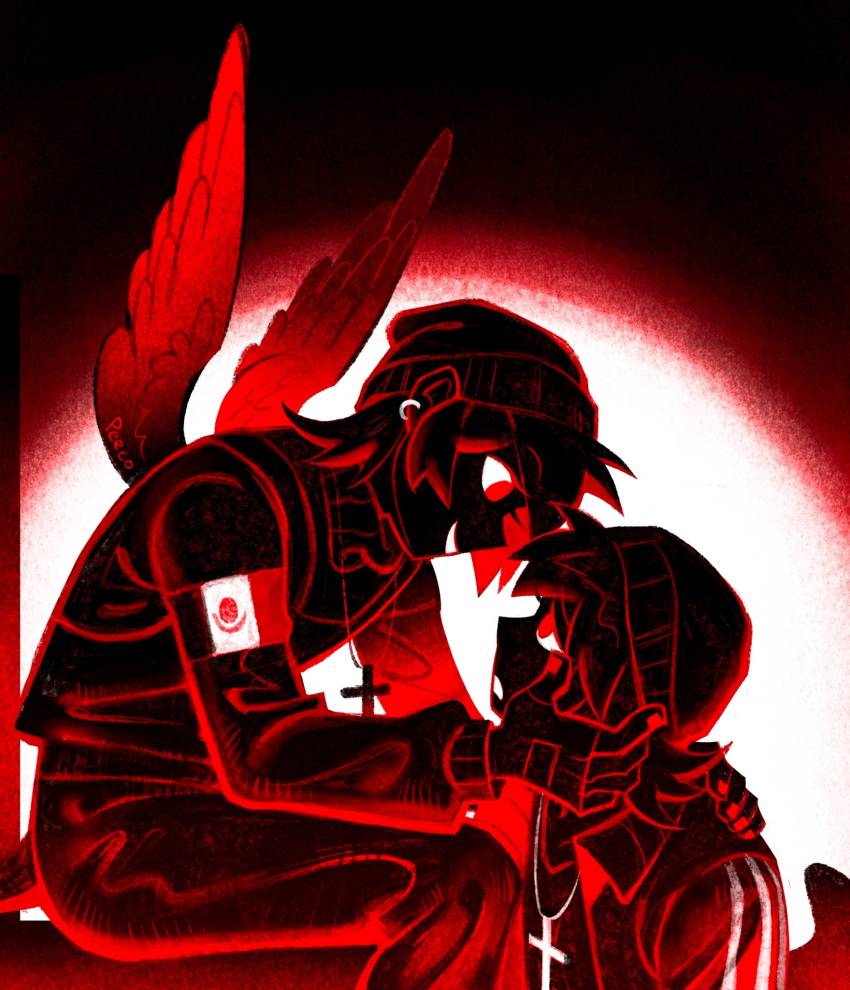 2boys, armband, beanie, bird_wings, black_background, black_hair, black_skin, colored_skin