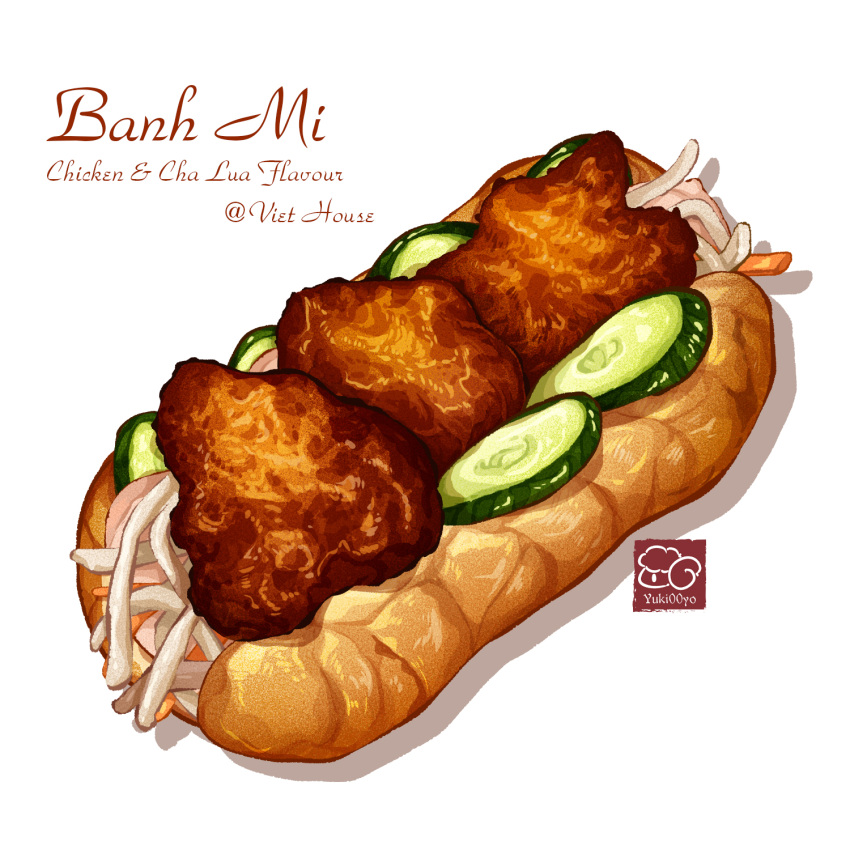 artist_logo, artist_name, banh_mi, bread, chicken_(food), cucumber, cucumber_slice, food, food_focus, food_name, highres, meat, no_humans, original, simple_background, still_life, white_background, yuki00yo