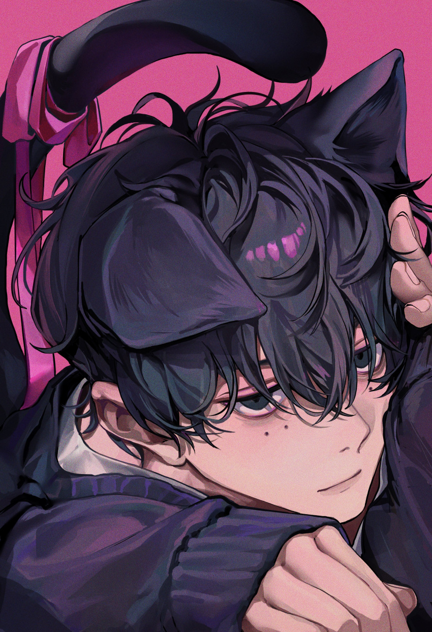1boy, absurdres, animal_ears, black_cardigan, black_eyes, black_hair, cardigan, cat_boy