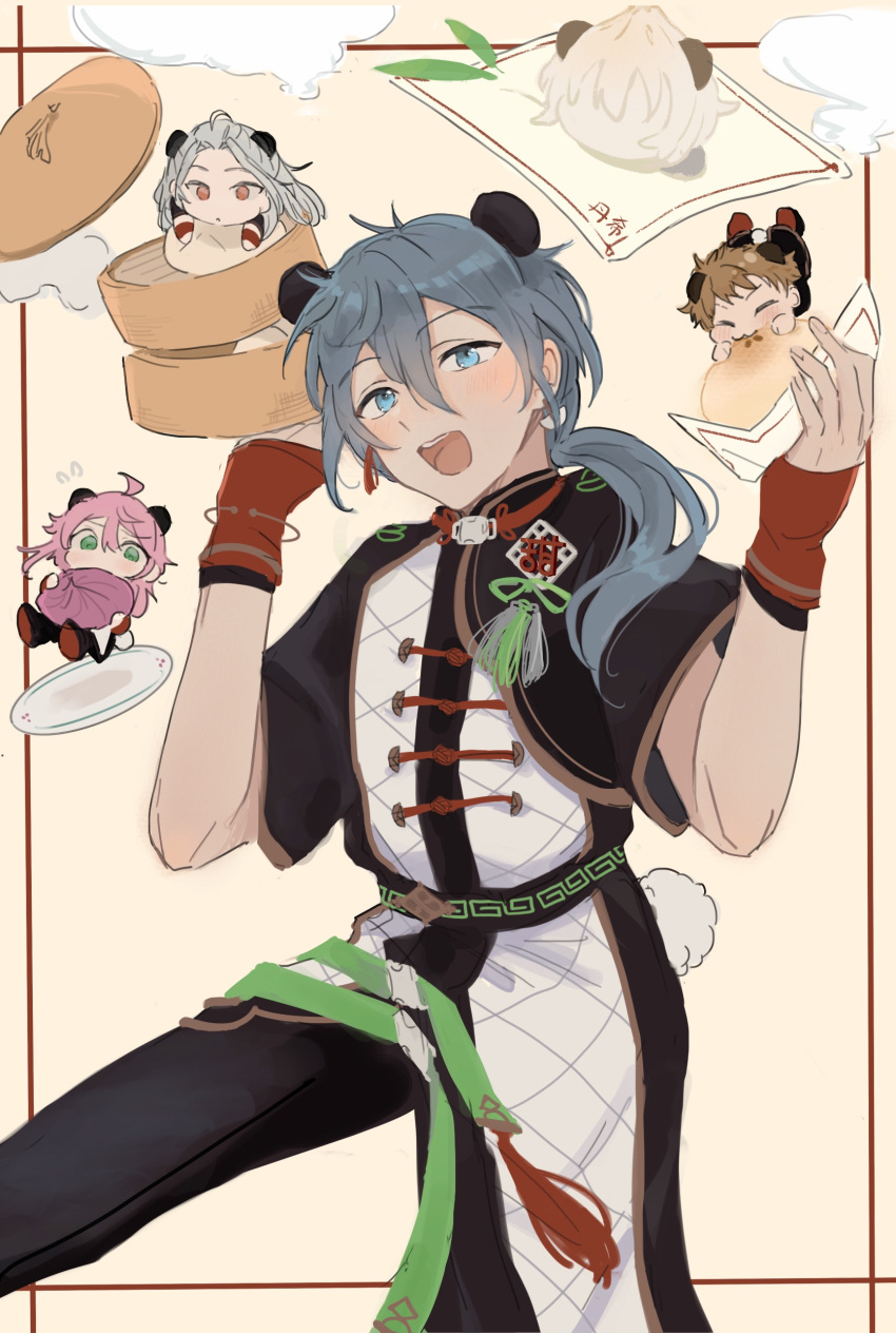 4boys, absurdres, ahoge, animal_ears, blue_eyes, brown_hair, chinese_clothes, dumpling