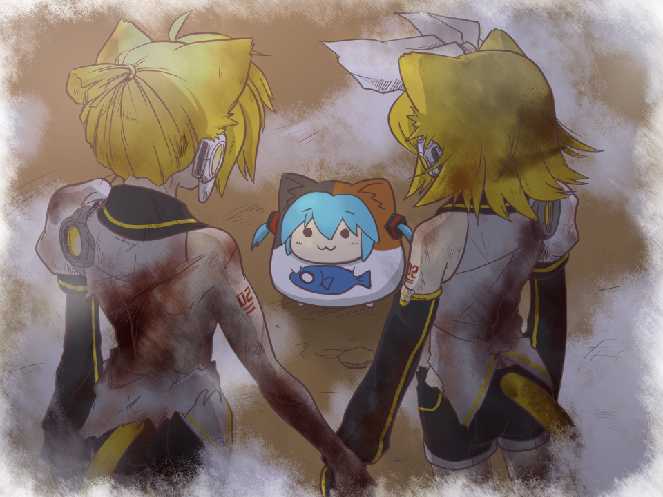 animal_costume, animal_ears, cat_costume, cat_ears, chibi, fish, hatsune_miku, kagamine_len