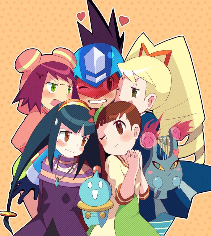 1boy, 4girls, ;), alien, anger_vein, assault_visor, belle_(mega_man), black_hair, blonde_hair, blue_dress, blue_helmet, blush, brown_eyes, brown_hair, dress, drill_hair, geo_stelar_(mega_man), green_eyes, green_shorts, harem, heart, helmet, hertz_(mega_man), hood, hoodie, interlocked_fingers, jewelry, long_hair, luna_platz_(mega_man), lyra_(mega_man), mega_man_(series), mega_man_star_force_(series), miyata_(lhr), multiple_girls, necklace, one_eye_closed, own_hands_clasped, own_hands_together, pink_hair, pink_hoodie, purple_dress, queen_tia_(mega_man), short_hair, shorts, side_ponytail, smile, sonia_strumm_(mega_man), spiky_hair, star_force_mega_man, sweatdrop, twin_drills