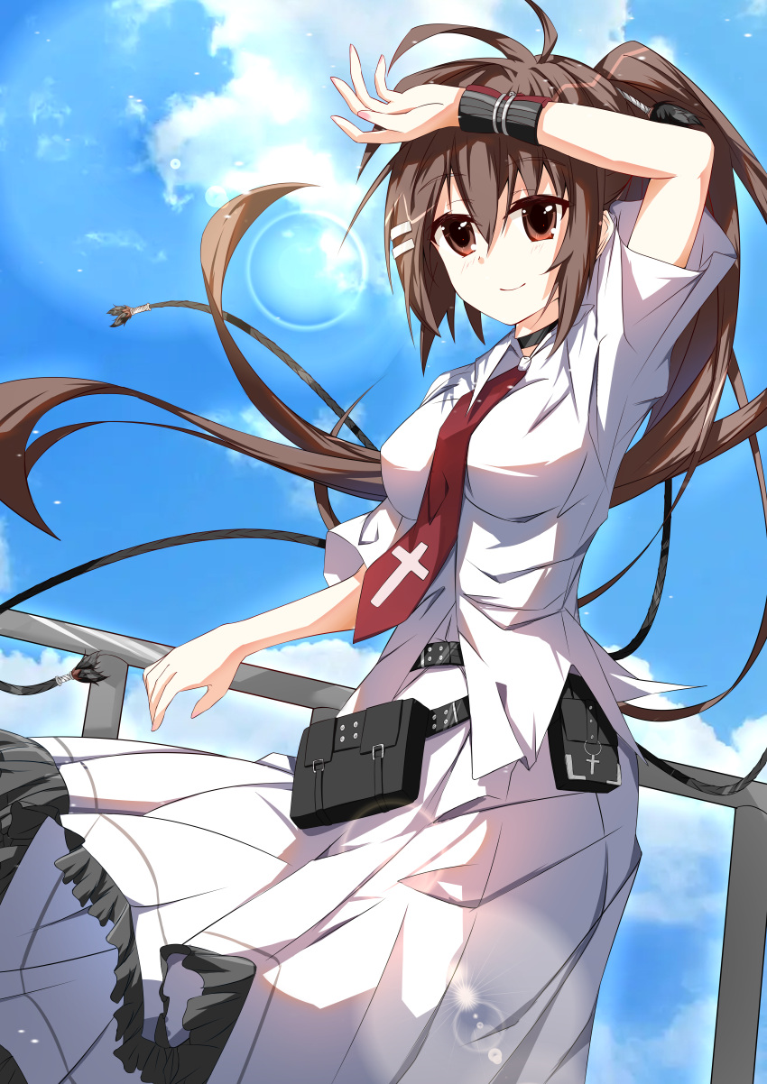 1girl, absurdres, belt, black_belt, black_choker, blue_sky, blush, brown_eyes
