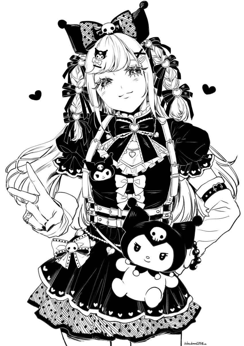 1girl, :3, agnes_digital_(umamusume), alternate_costume, animal_ears, arm_warmers, bead_bracelet, beads, belt, bow, bracelet, braid, brooch, character_bag, commentary_request, cowboy_shot, dress, ear_covers, gi!_(desukaru02518_u), greyscale, hair_bow, hair_ornament, hairclip, half-closed_eyes, hand_on_own_hip, hand_up, harness, head_tilt, heart, heart_brooch, highres, jewelry, jirai_kei, kuromi, light_blush, long_eyelashes, long_hair, looking_at_viewer, monochrome, multiple_belts, multiple_rings, neck_ribbon, puffy_short_sleeves, puffy_sleeves, ribbon, ring, sanrio, short_dress, short_sleeves, simple_background, smile, solo, standing, twin_braids, twitter_username, umamusume, v