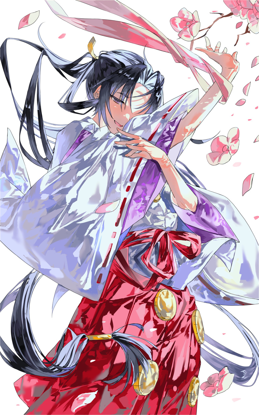 1boy, absurdres, black_hair, blush, flower, hakama, highres, houjou_tokiyuki_(nige_jouzu_no_wakagimi)