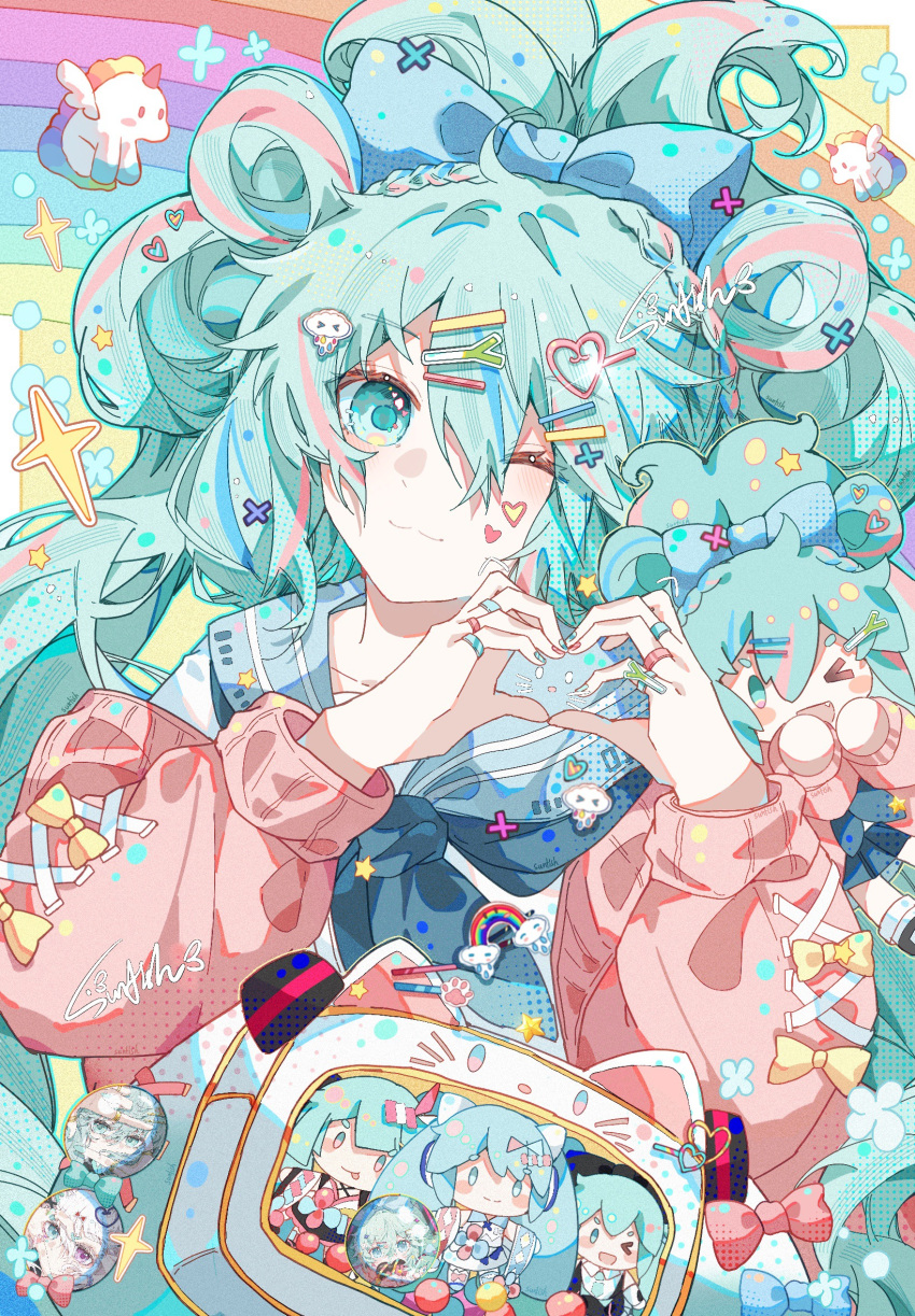 1girl, :3, alternate_costume, aqua_eyes, aqua_hair, bag, bow, chinese_commentary