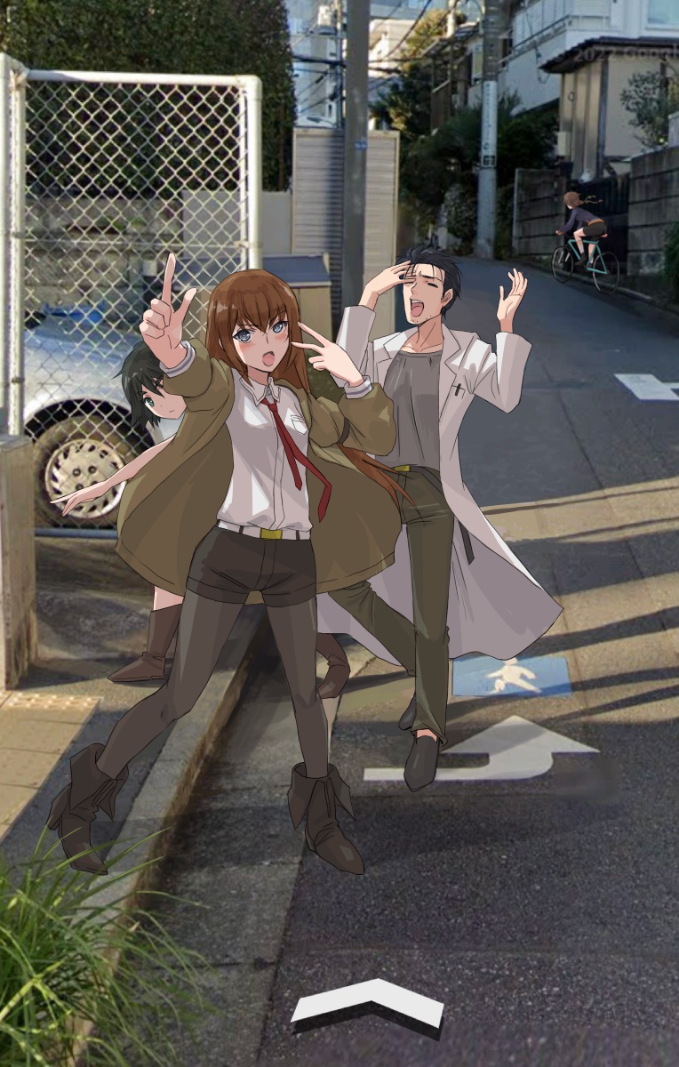 1boy, 3girls, :o, amane_suzuha, arrow_(symbol), belt, belt_buckle, bicycle