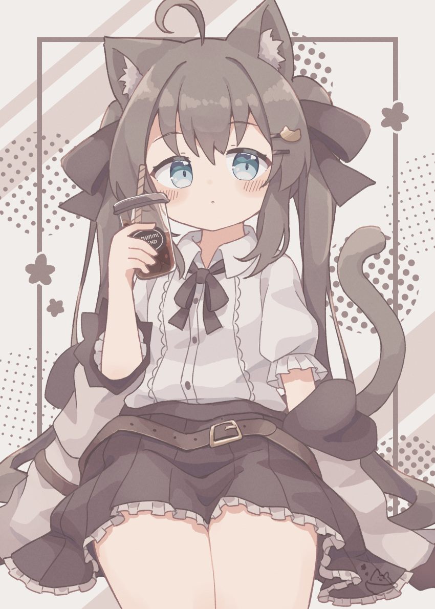 1girl, absurdres, ahoge, animal_ears, aqua_eyes, belt, biachan, brown_belt, brown_dress, brown_hair, cat_ears, cat_tail, coffee, colon_br, dress, hair_ornament, hairpin, highres, holding, original, shirt, solo, tail, white_shirt