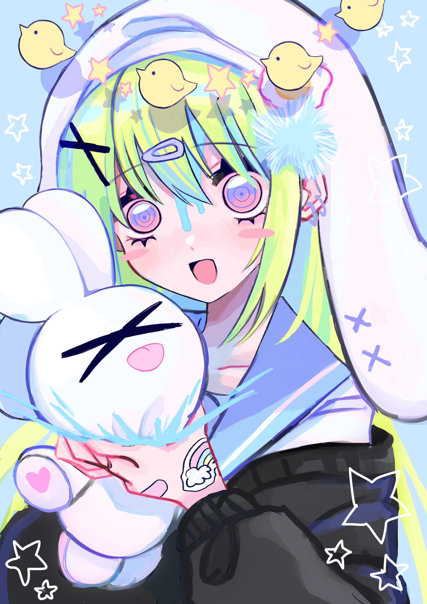 1girl, :d, black_jacket, bleeding_from_forehead, blood, blue_background, blue_blood, blue_sailor_collar