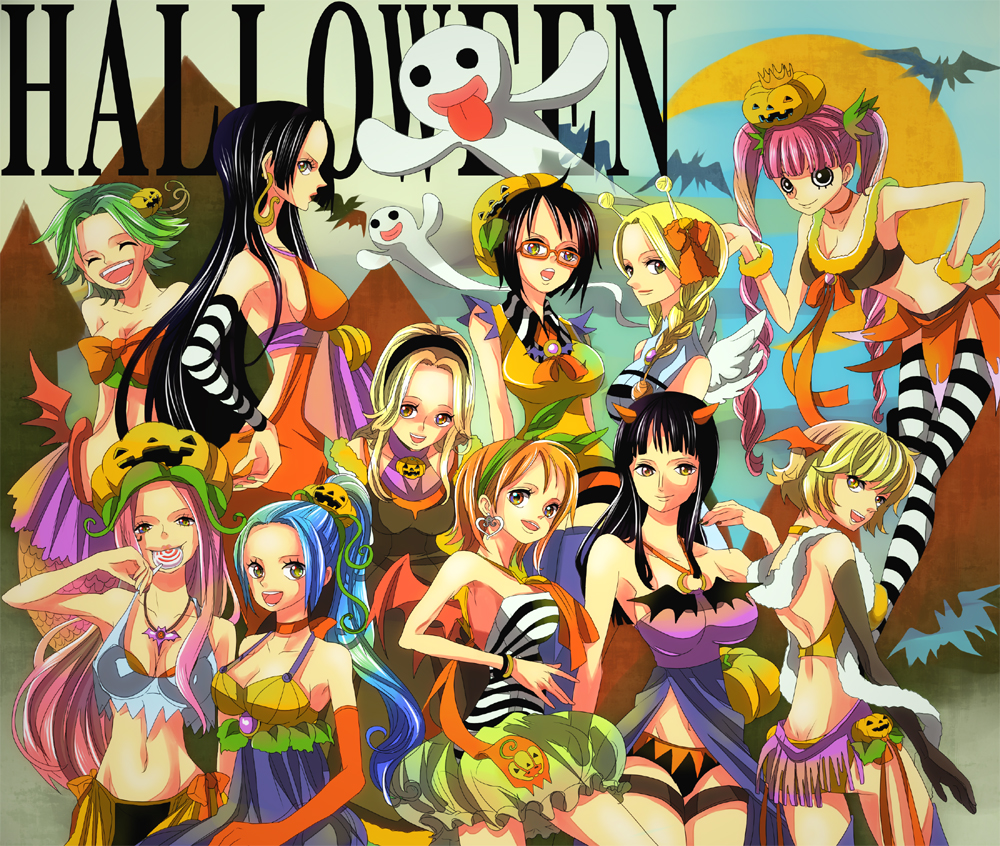 alvida, annotated, bat, black_hair, blonde_hair, blue_hair, boa_hancock, bracelet, breasts, bubble_skirt, camie, candy, cleavage, conis, crop_top, earrings, elbow_gloves, ghost, glasses, gloves, green_hair, halloween, himerinco, horns, jack-o'-lantern, jewelry, jewelry_bonney, jewelry_bonnie, kaya_(one_piece), large_breasts, lollipop, long_hair, marguerite, mermaid, midriff, monster_girl, moon, multiple_girls, nami, navel, nefertari_vivi, nico_robin, o-ring_top, one_piece, open_mouth, orange_hair, perona, pink_hair, profile, pumpkin, pumpkin_hair_ornament, pumpkin_hat, sideboob, striped, striped_legwear, striped_thighhighs, tashigi, thigh-highs, thighhighs, very_long_hair