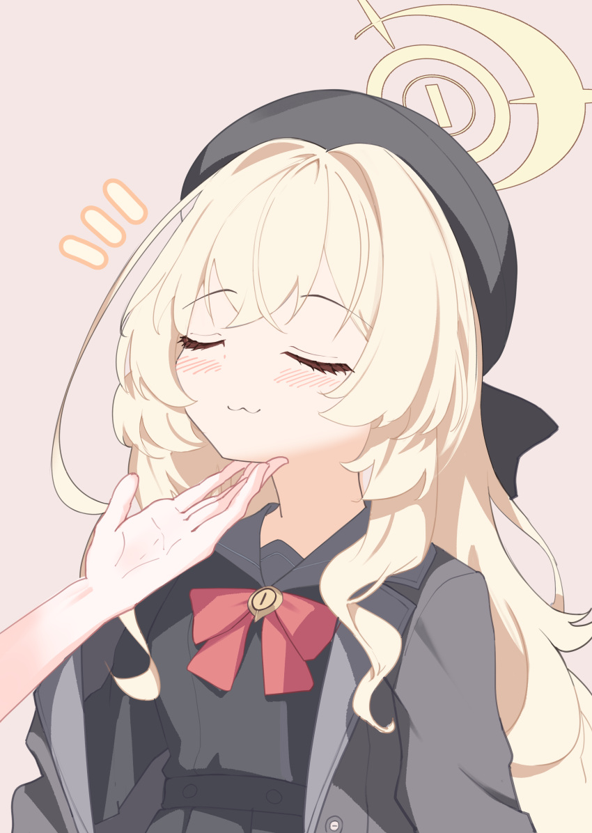1girl, 1other, absurdres, black_hat, black_shirt, blonde_hair, blue_archive, blush
