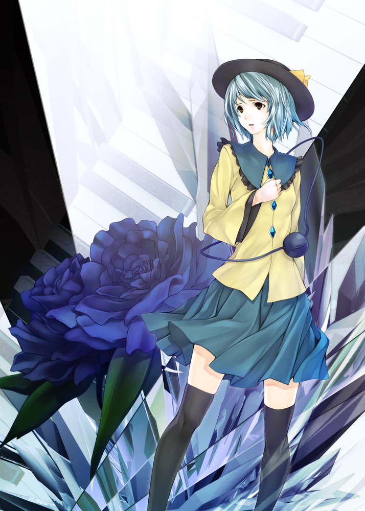 black_rose, black_rose_(flower), black_thighhighs, blue_rose, flower, green_eyes, hand_on_another's_chest, hand_on_chest