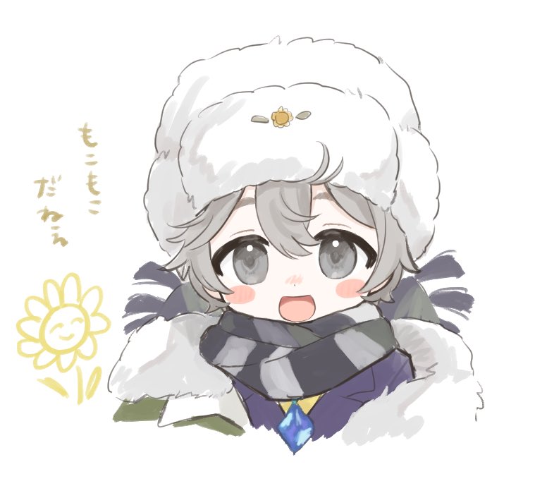 1boy, :d, avgust_(reverse:1999), blue_jacket, child, child's_drawing, coat, flower