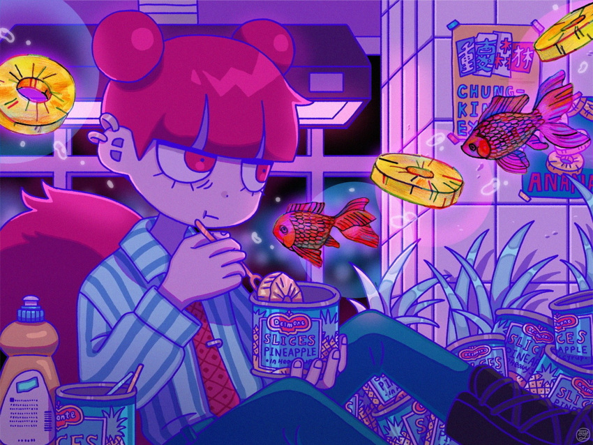 1girl, algae, black_footwear, blue_pants, boots, bottle, bubble, can