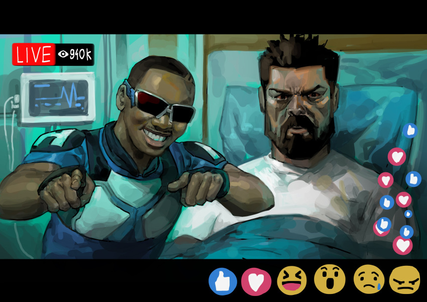 2boys, a-train_(the_boys), absurdres, armor, beard, bed, billy_butcher, black_hair, bloodshot_eyes, blue_bodysuit, bodysuit, cardiogram, costume, dark-skinned_male, dark_skin, emoji, facial_hair, fingerless_gloves, gloves, heart, hieumay, highres, hospital_bed, livestream, multiple_boys, scene_reference, shirt, short_hair, smile, sunglasses, the_boys, thumbs_up, very_dark_skin, white_shirt