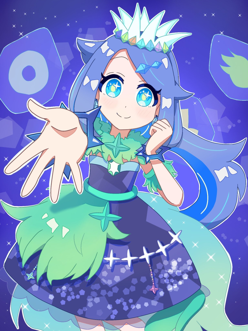 1girl, 40_tomato, blue_eyes, crown, crystal, dress, earrings, eyelashes