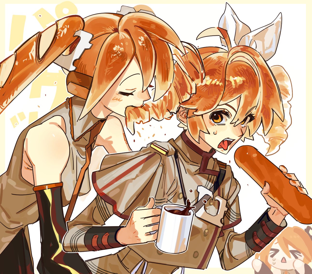 >_<, 2girls, ahoge, baguette, bare_shoulders, blush, bread, bread_clip, closed_eyes, coffee, coffee_mug, collared_shirt, commentary_request, croissant, cup, detached_sleeves, drill_hair, eating, eating_hair, fang, food, food-themed_hair, furrowed_brow, grey_shirt, hair_ornament, hatsune_miku, high_collar, holding, holding_cup, holding_food, kabu_(1076_kabu), kasane_teto, kasane_teto_(sv), long_sleeves, medium_bangs, mug, multiple_girls, open_mouth, orange_eyes, orange_hair, orange_nails, raised_eyebrows, shirt, sweat, sweatdrop, synthesizer_v, three_quarter_view, tongue, tongue_out, triangle_mouth, twin_drills, twintails, utau, v-shaped_eyebrows, vocaloid, white_hair_ribbon, yuri