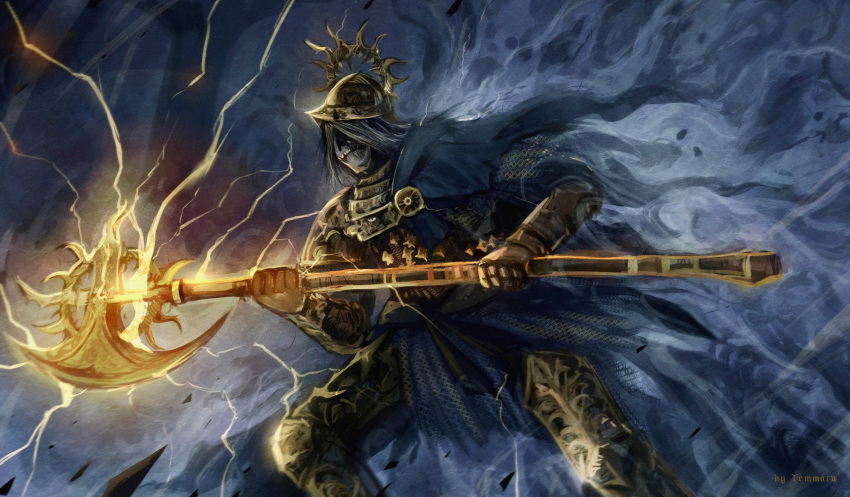 1boy, armor, aura, black_armor, black_hair, commentary, dark_aura, death_knight_(elden_ring), elden_ring, elden_ring:_shadow_of_the_erdtree, electricity, english_commentary, halberd, helmet, highres, holding, holding_polearm, holding_weapon, male_focus, polearm, skull, solo, standing, temmaru1, weapon