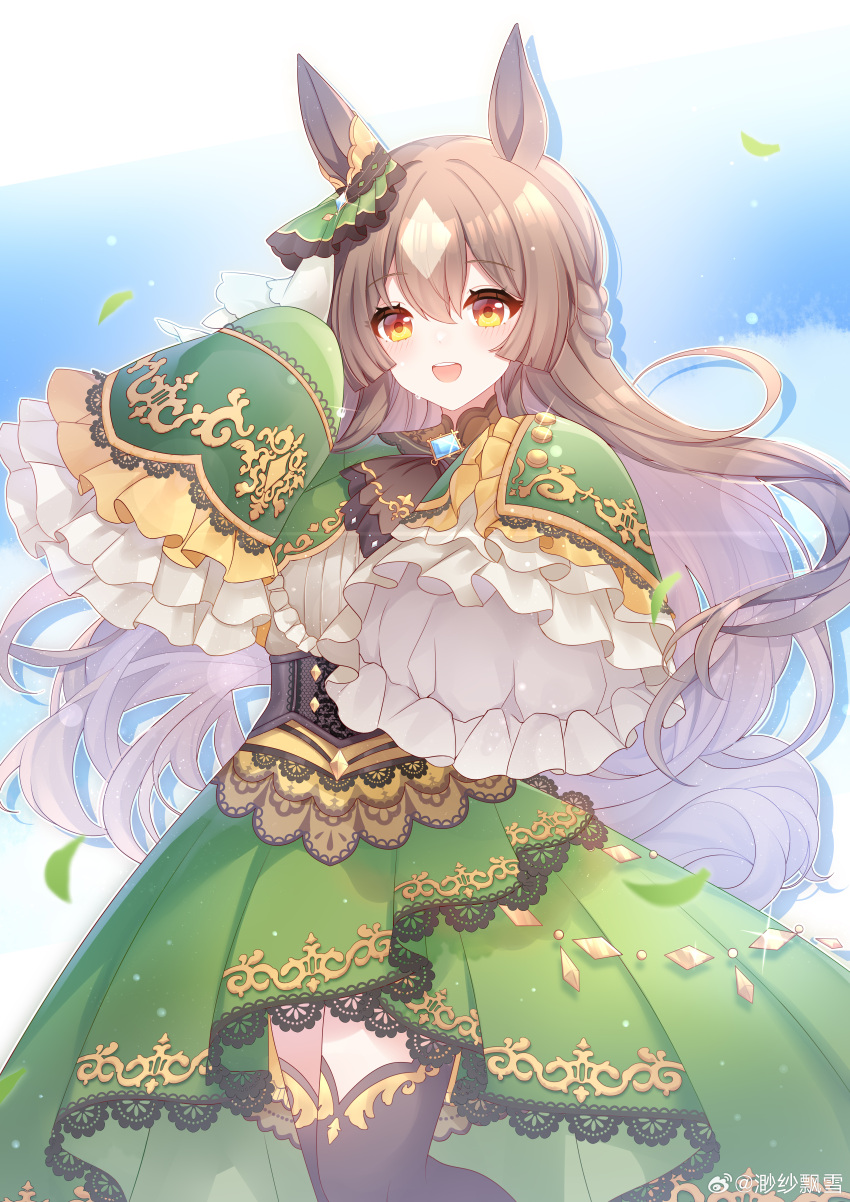1girl, :d, absurdres, animal_ears, ascot, black_ascot, black_corset, black_pantyhose, blue_sky, brown_hair, clouds, corset, cowboy_shot, ear_ribbon, falling_leaves, frilled_sleeves, frills, green_jacket, green_skirt, hands_up, high-low_skirt, highres, horse_ears, horse_girl, jacket, lace-trimmed_skirt, lace_trim, leaf, long_hair, looking_at_viewer, miaosha_piaoxue, open_mouth, orange_eyes, pantyhose, satono_diamond_(umamusume), shirt, skirt, sky, sleeves_past_fingers, sleeves_past_wrists, smile, solo, umamusume, weibo_logo, weibo_watermark, white_shirt, zettai_ryouiki