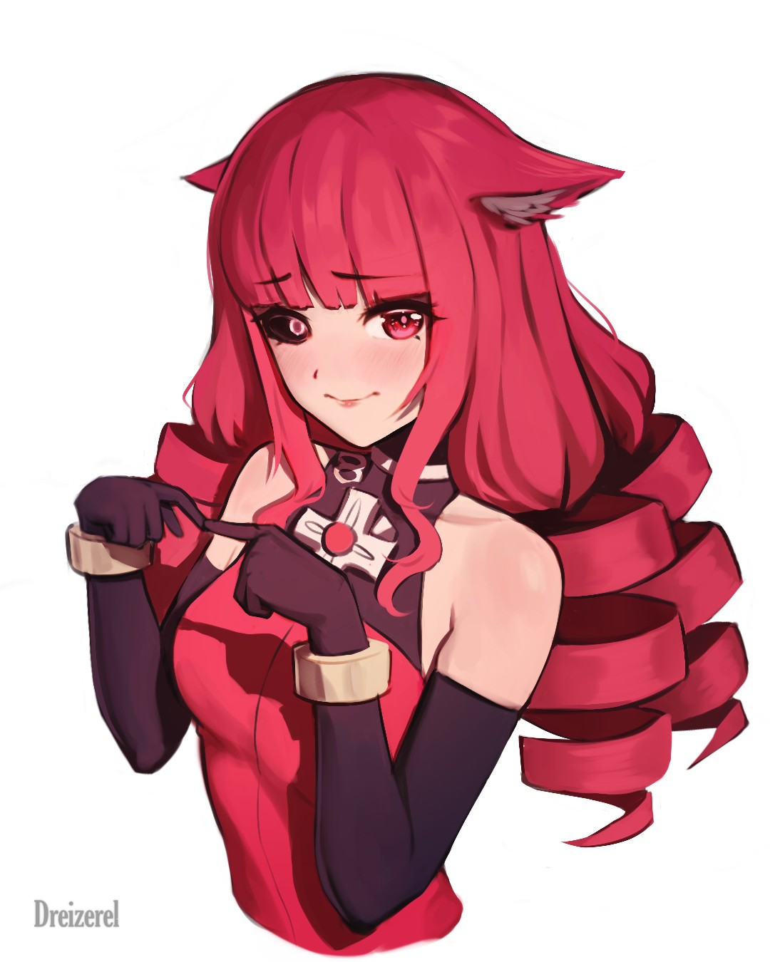 1girl, animal_ears, artificial_eye, artist_name, black_gloves, blunt_bangs, blush, breasts