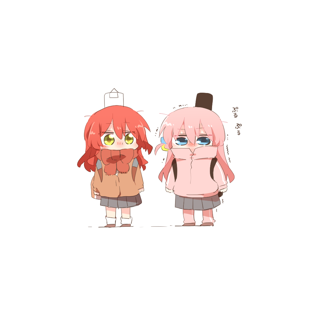 2girls, backpack, bag, blue_eyes, bocchi_the_rock!, bow-tied_scarf, brown_cardigan, brown_footwear, cardigan, chibi, cube_hair_ornament, gotoh_hitori, grey_skirt, hair_between_eyes, hair_ornament, instrument_case, jacket, kita_ikuyo, long_hair, multiple_girls, one_side_up, pants, pants_under_skirt, pink_hair, pink_jacket, pink_pants, pleated_skirt, rebecca_(keinelove), red_scarf, redhead, scarf, shadow, shoes, simple_background, skirt, socks, track_jacket, track_pants, track_suit, translation_request, trembling, very_long_hair, white_background, white_socks, yellow_eyes