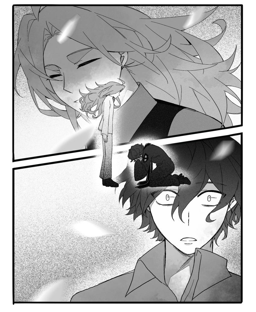 2boys, absurdres, ahoge, chinese_commentary, chunaizhanshi23057, closed_eyes, coat, collared_shirt