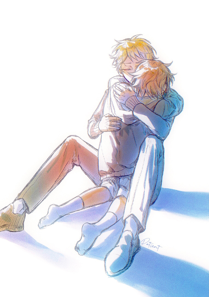 2boys, atou_haruki, black_jacket, blonde_hair, brown_hair, brown_sweater, chinese_commentary, closed_eyes