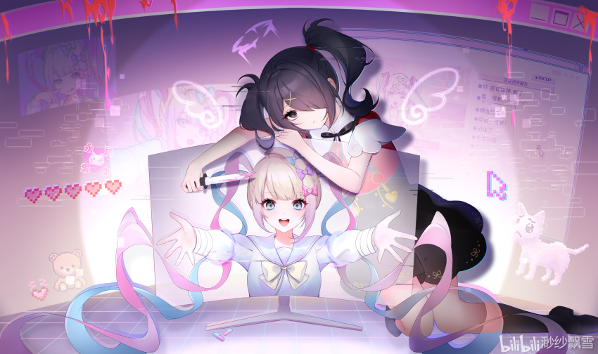 2girls, absurdres, ambiguous_red_liquid, ame-chan_(needy_girl_overdose), arm_rest, black_footwear, black_hair, black_ribbon