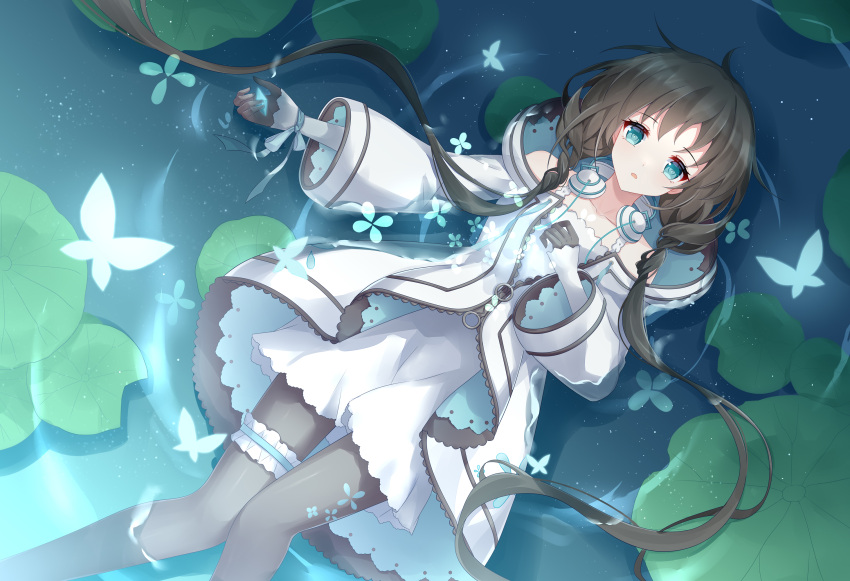 1girl, bare_shoulders, black_gloves, black_hair, black_pantyhose, blue_eyes, bridal_garter, bug