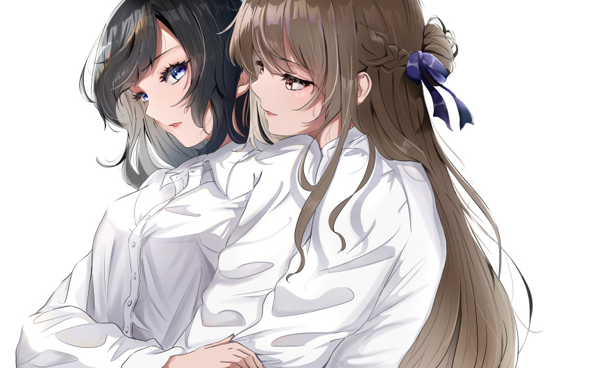 2girls, absurdres, black_hair, blue_eyes, brown_hair, collared_shirt, commentary_request, hair_ribbon