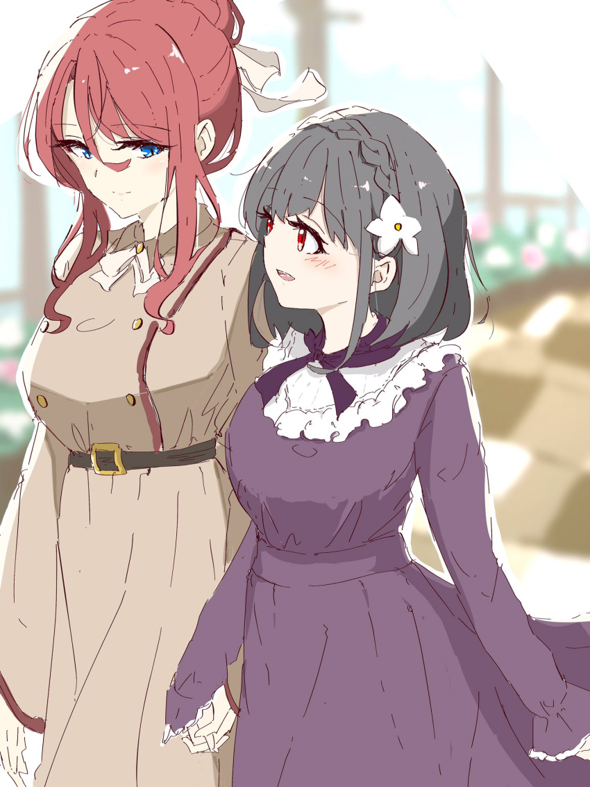 2girls, black_hair, blue_eyes, blurry, blurry_background, blush, brown_dress, closed_mouth