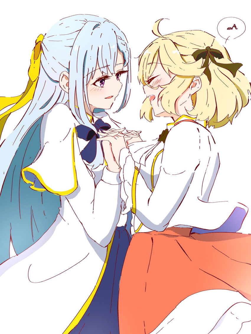 2girls, anisphia_wynn_palettia, black_ribbon, blonde_hair, blue_hair, blue_ribbon, blue_skirt, blush