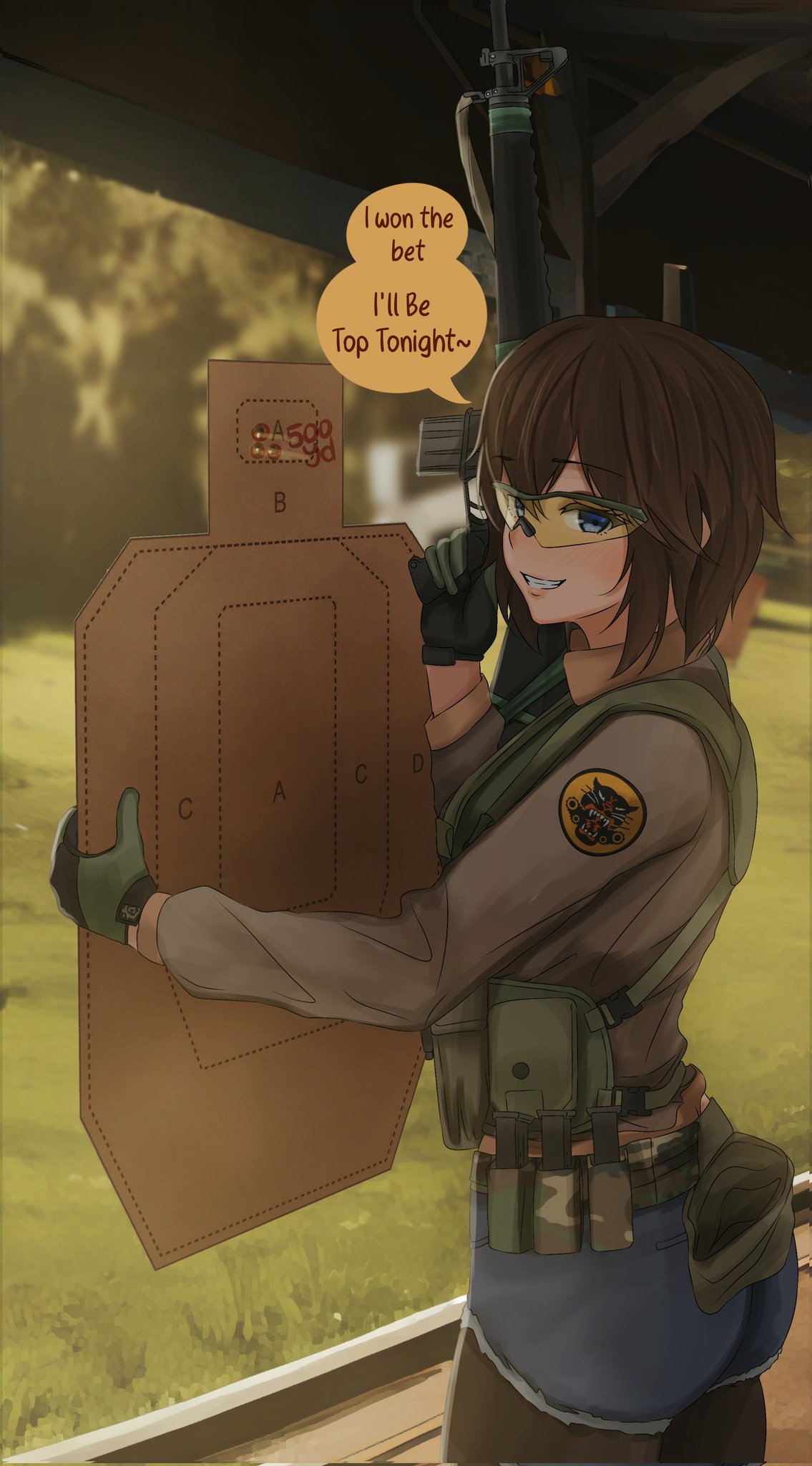 assault_rifle, briar_(gamingsentry), brown_hair, chest_rig, dgkamikaze, english_text, gun, highres, looking_at_viewer, m16, m16a1, original, rifle, shooting_range, short_hair, tanker_jacket, target, tomboy, weapon