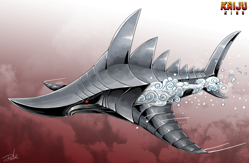 absurdres, black_sclera, colored_sclera, dorsal_fin, english_text, fins, gamera_(series), gradient_background, gugenheim98, highres, horns, kaiju, monster, monster_focus, no_humans, red_eyes, redesign, shark, sharp_tail, sharp_teeth, signature, single_horn, solo, teeth, zigra
