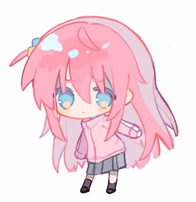 1girl, ankle_socks, blue_eyes, blush_stickers, bocchi_the_rock!, brown_footwear, chibi, chinese_commentary, closed_mouth, collared_jacket, commentary_request, cube_hair_ornament, dot_nose, expressionless, gotoh_hitori, grey_skirt, grey_socks, hair_between_eyes, hair_ornament, high_collar, jacket, light_frown, long_hair, long_sleeves, long_zhi_feng_di_renxin_poce, medium_skirt, one_side_up, pink_hair, pink_jacket, pleated_skirt, shoes, sidelocks, simple_background, skirt, sleeves_past_wrists, socks, solo, standing, track_jacket, very_long_hair, white_background