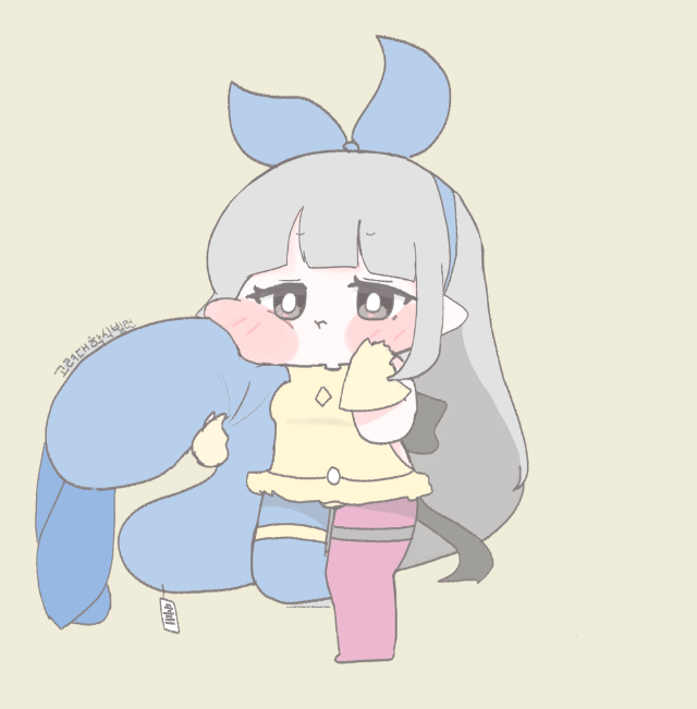 1girl, alternate_eye_color, blue_thighhighs, blush_stickers, brown_dust, brown_dust_2, brown_eyes, chibi
