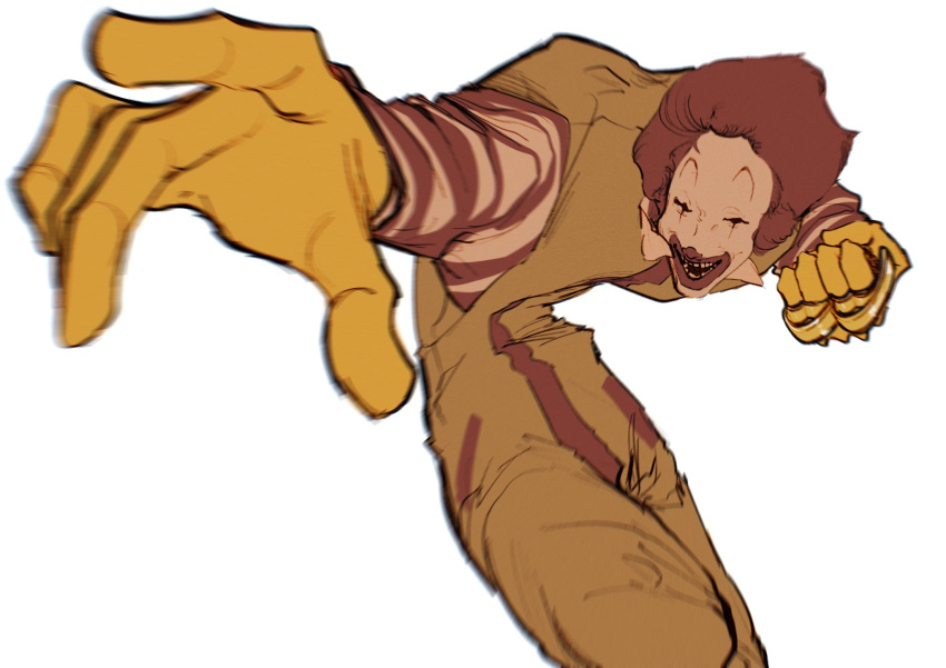 1boy, afro, blurry, brass_knuckles, clenched_hand, clown, colored_skin, cropped_legs