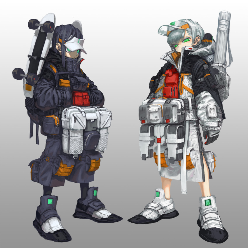 2girls, aqua_eyes, backpack, bag, belt, belt_bag, black_bag, black_coat
