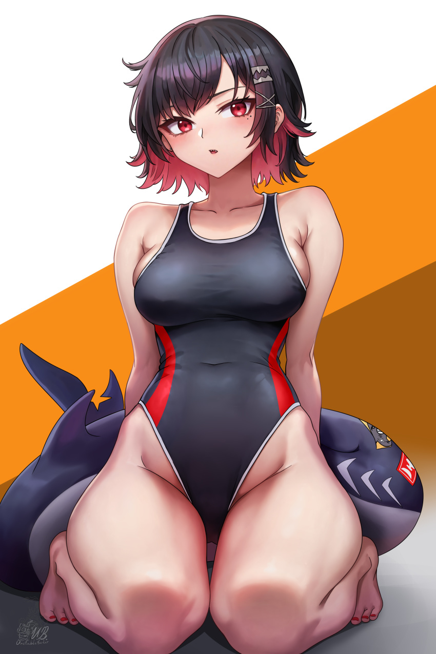1girl, absurdres, arms_behind_back, ass, barefoot, black_hair, colored_inner_hair, commentary