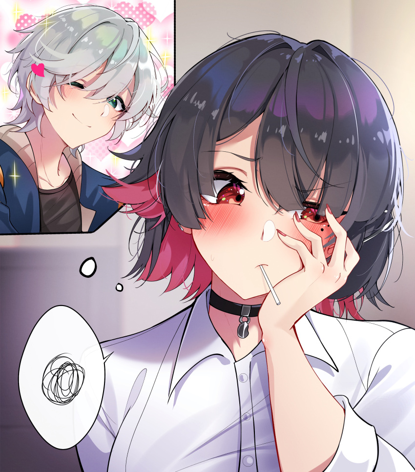 1boy, 1girl, absurdres, black_choker, black_hair, blush, choker, collared_shirt