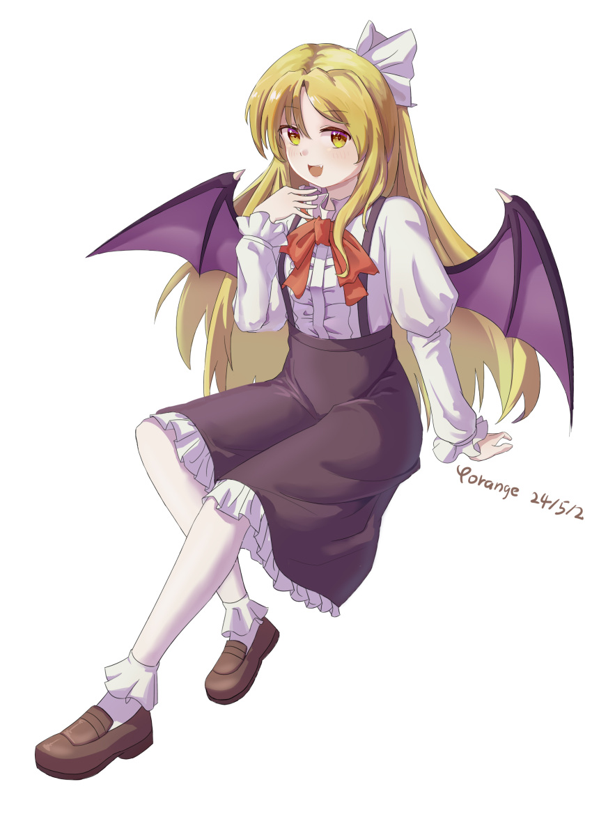 1girl, absurdres, artist_name, bat_wings, black_skirt, blonde_hair, blush, bow