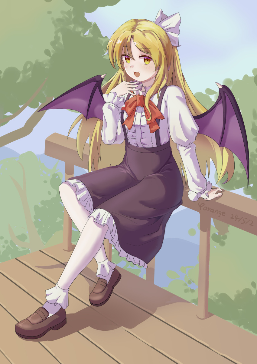 1girl, absurdres, artist_name, bat_wings, black_skirt, blonde_hair, blush, bow, bowtie, brown_footwear, fangs, hair_ribbon, highres, kurumi_(touhou), long_hair, looking_at_viewer, open_mouth, pantyhose, red_bow, red_bowtie, red_ribbon, ribbon, shirt, shoes, skirt, smile, socks, solo, touhou, touhou_(pc-98), tree, vampire, white_pantyhose, white_ribbon, white_shirt, white_socks, wings, yorange17