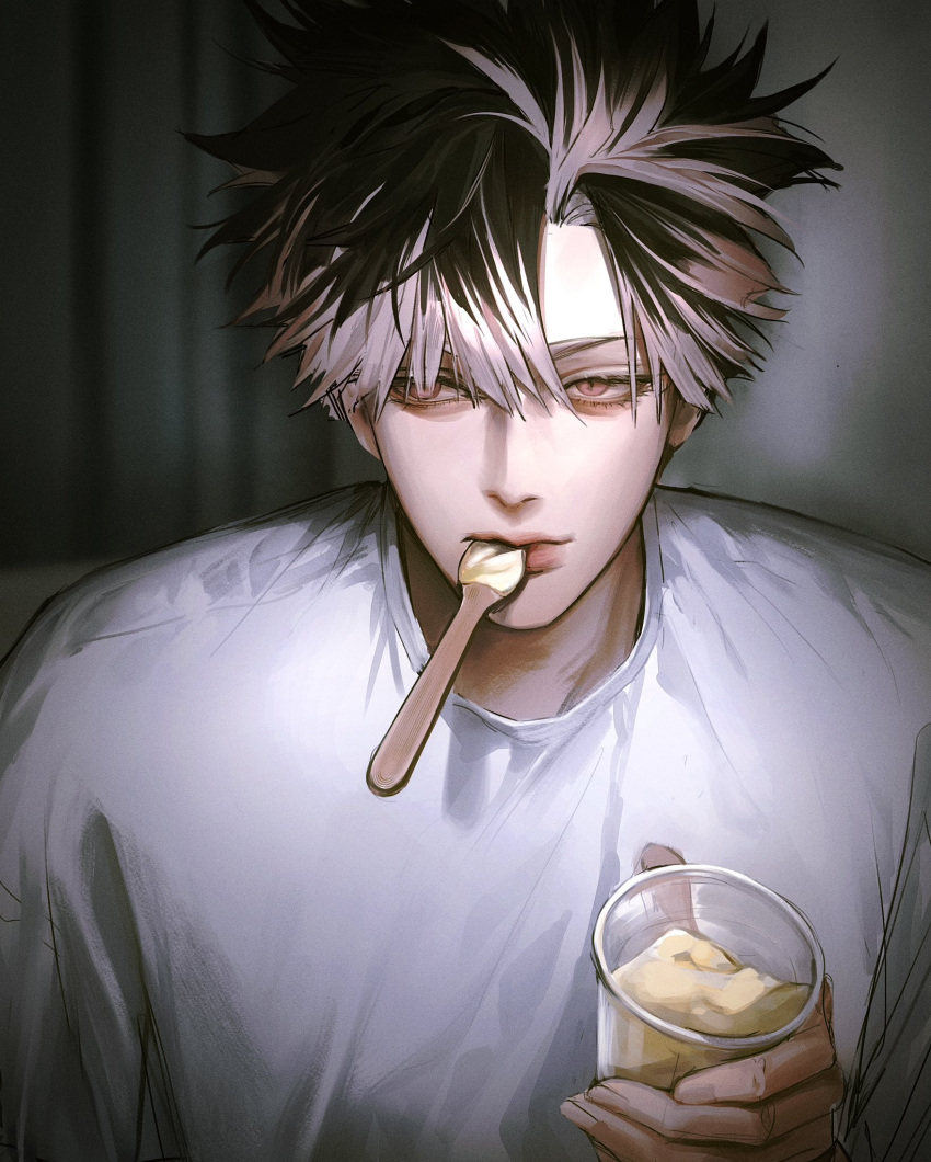 1boy, blurry, blurry_background, closed_mouth, commentary, cup, curtains, dang0_23, disposable_cup, eating, food, food_in_mouth, grey_hair, hand_up, hashtag-only_commentary, highres, kaijuu_no._8, looking_to_the_side, male_focus, messy_hair, multicolored_hair, narumi_gen, pink_eyes, shirt, spoon, t-shirt, two-tone_hair, upper_body, white_shirt, yogurt